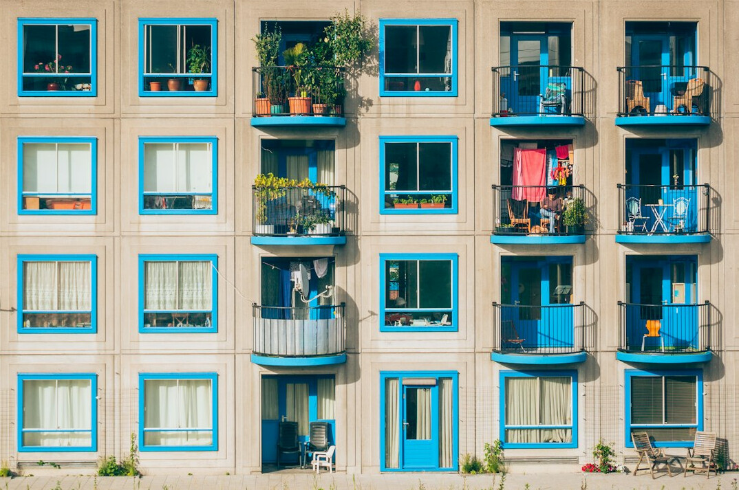 Facade of a dense residential apartment building